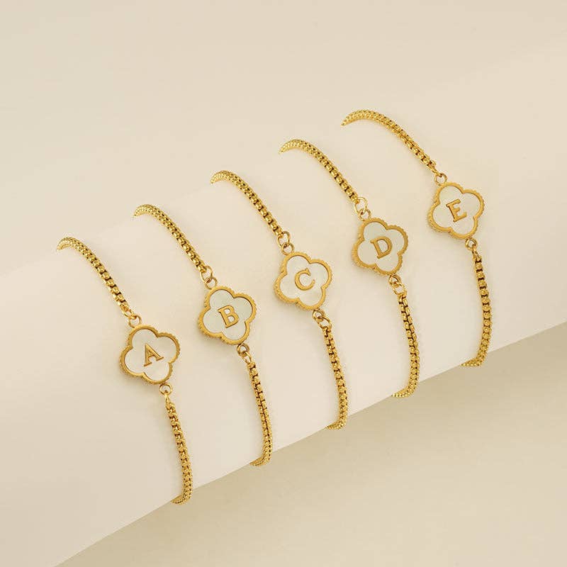 Initial Letter Four Leaf Clover Bracelet in Stainless Steel
