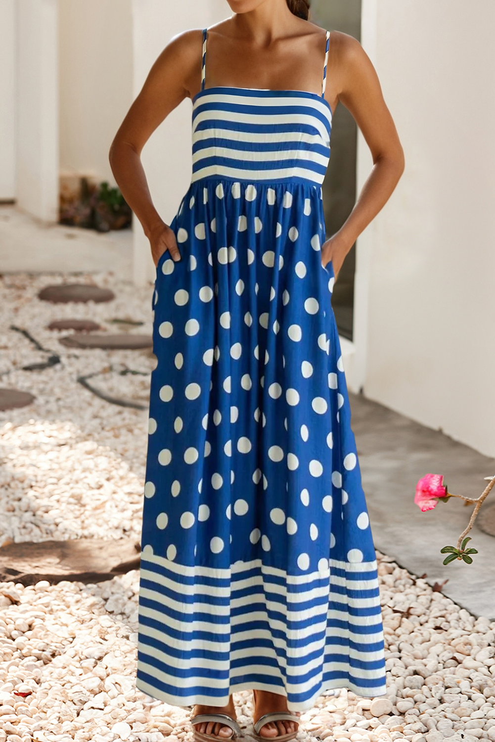 LDC Polka Dot Patchwork High Waist Maxi Dress