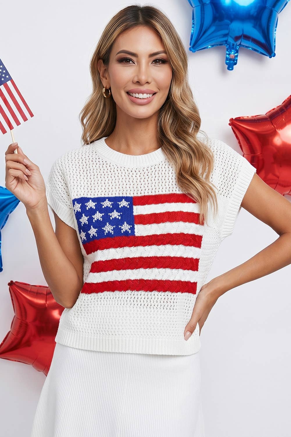 LDC 4th of July Flag Graphic Short Sleeve Sweater Top