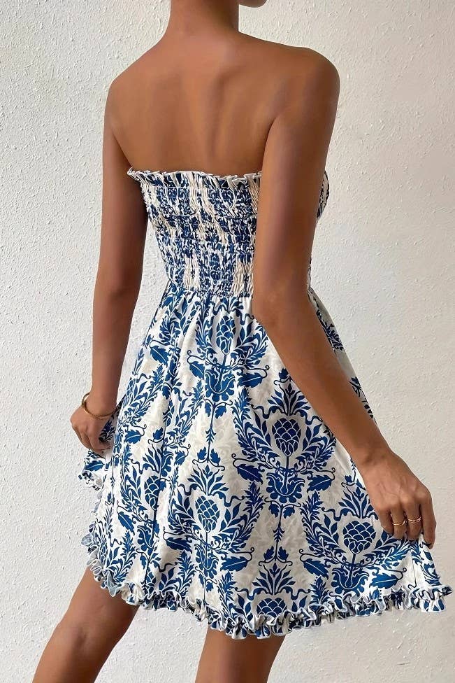 Vacation Paisley Floral Smocked strapless dress in blue