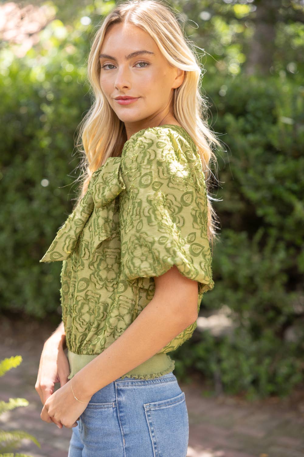 36917 Large Front Bow Detail Burn Out Floral Top