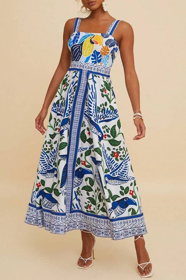 Boho Tropical Birdie Blue floral print strappy flare dress