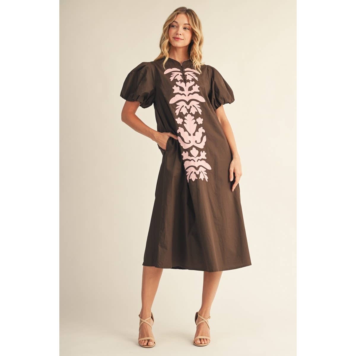 Applique Accent Puff Sleeves Midi Dress