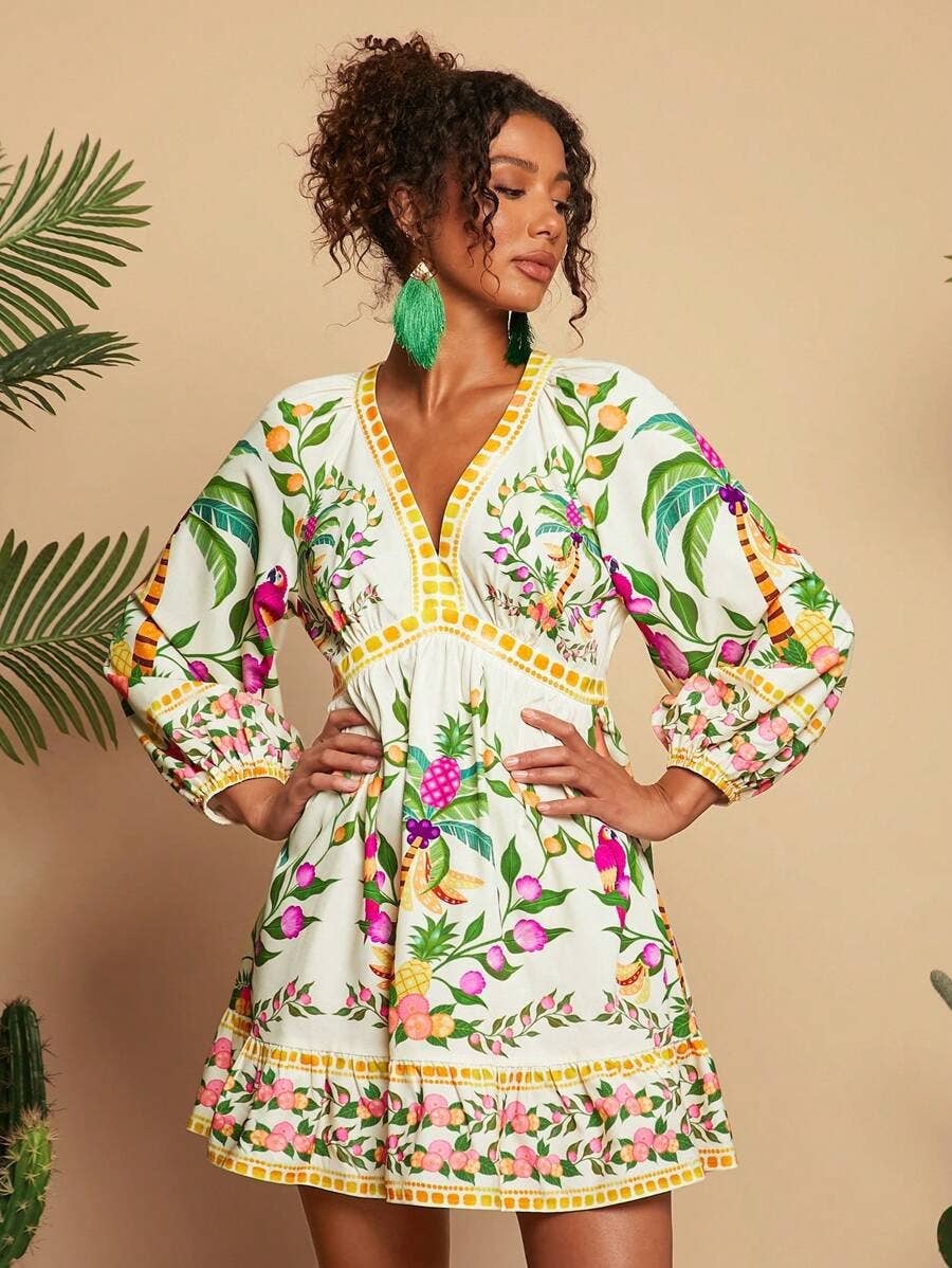Bohemian V-neck three-quarter sleeve mini dress