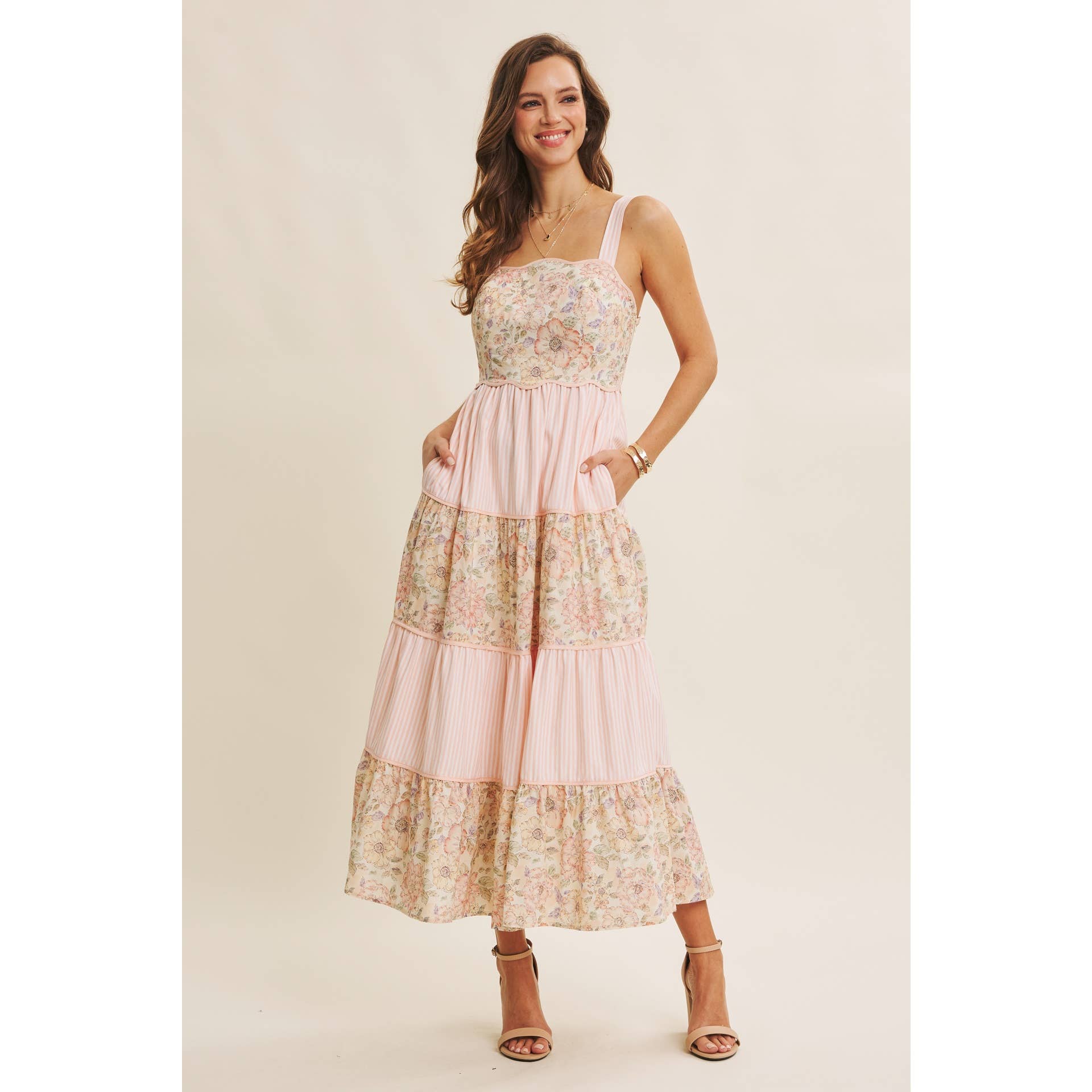 DREAMY IDEAL TIERED MIDI DRESS MIXED IN FLORALS AND STRIPES