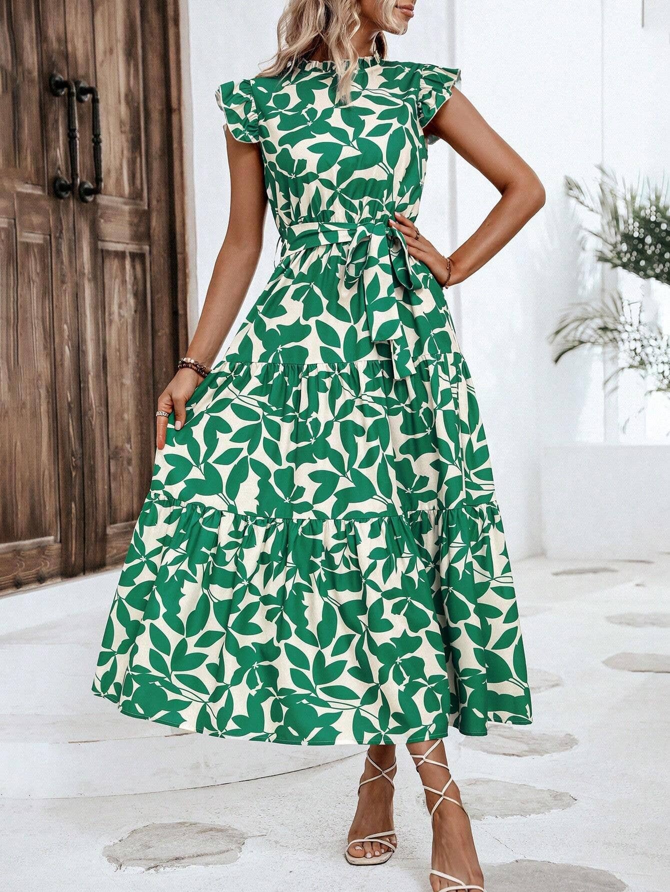 Fashion wooden ears fly-sleeve lace-up long dress