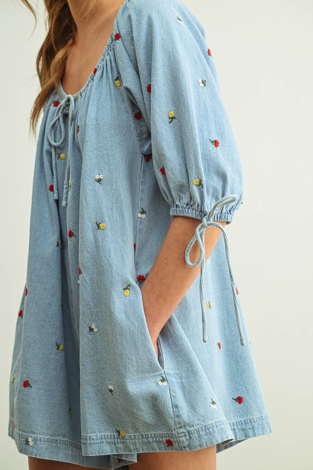 R5823   EMBROIDERED DENIM ROMPER WITH 3/4 SLEEVE