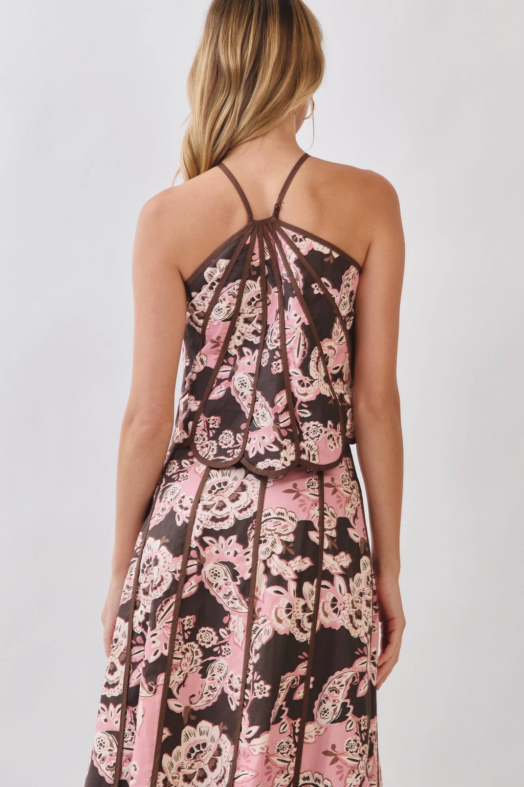 CT10093-Floral Print Paneled Detail Halter Crop Top