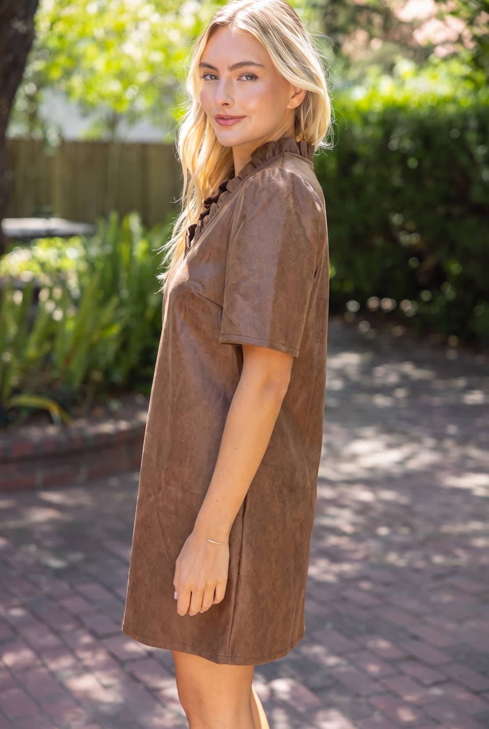 37100 Ruffled V-Neck Solid Faux Leather Shift Dress
