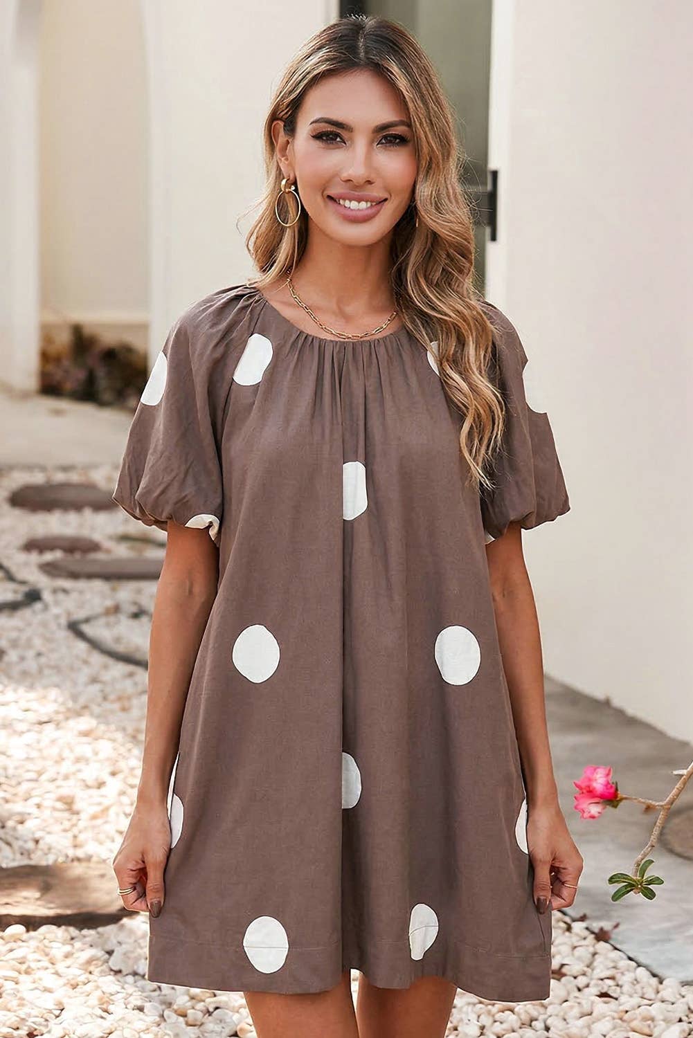 LDC Polka Dot Knot Back Short Puff Sleeve Loose Mini Dress