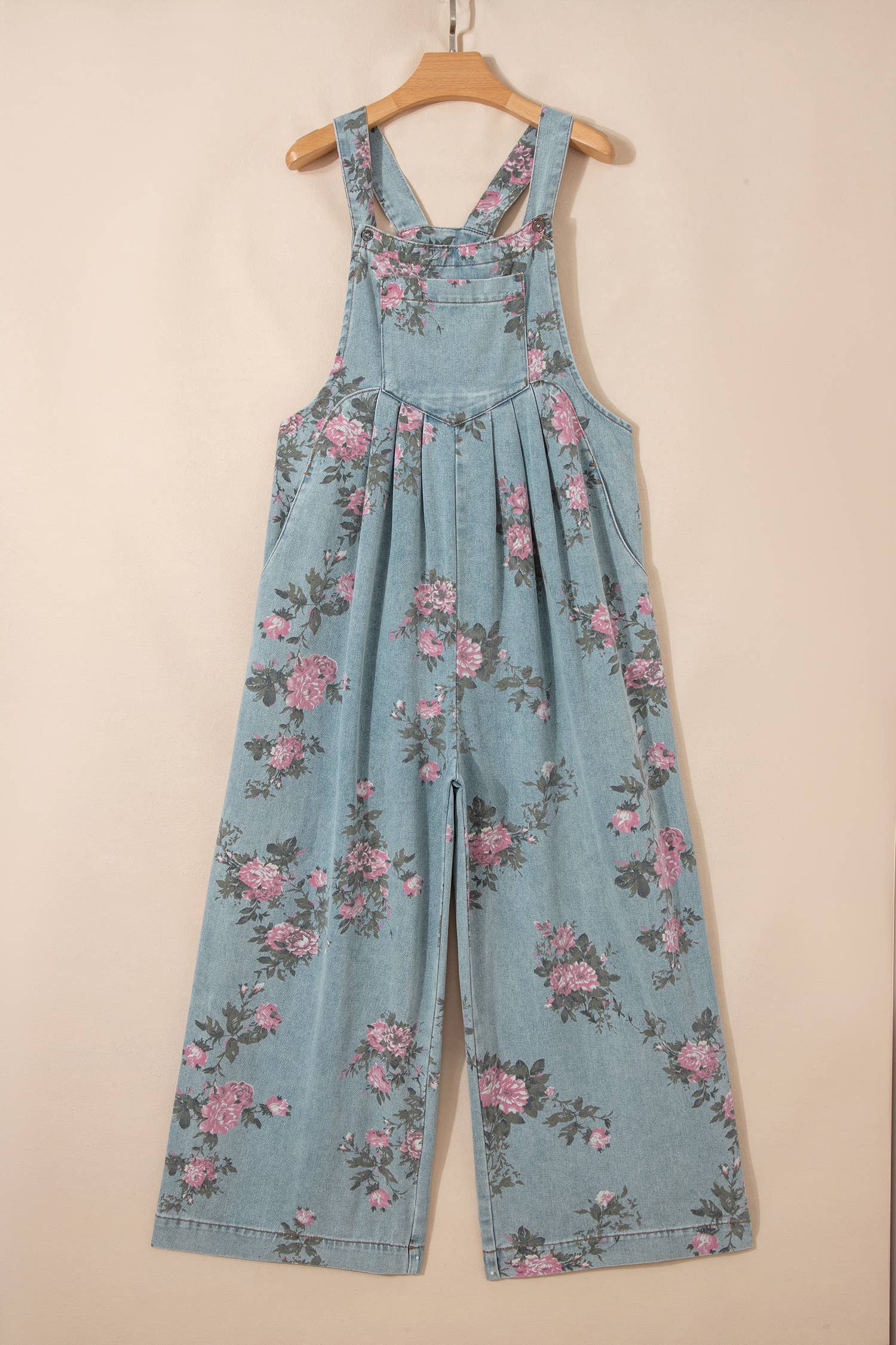 Western Floral Pleated High Waist Wide Leg Denim Jumpsuit