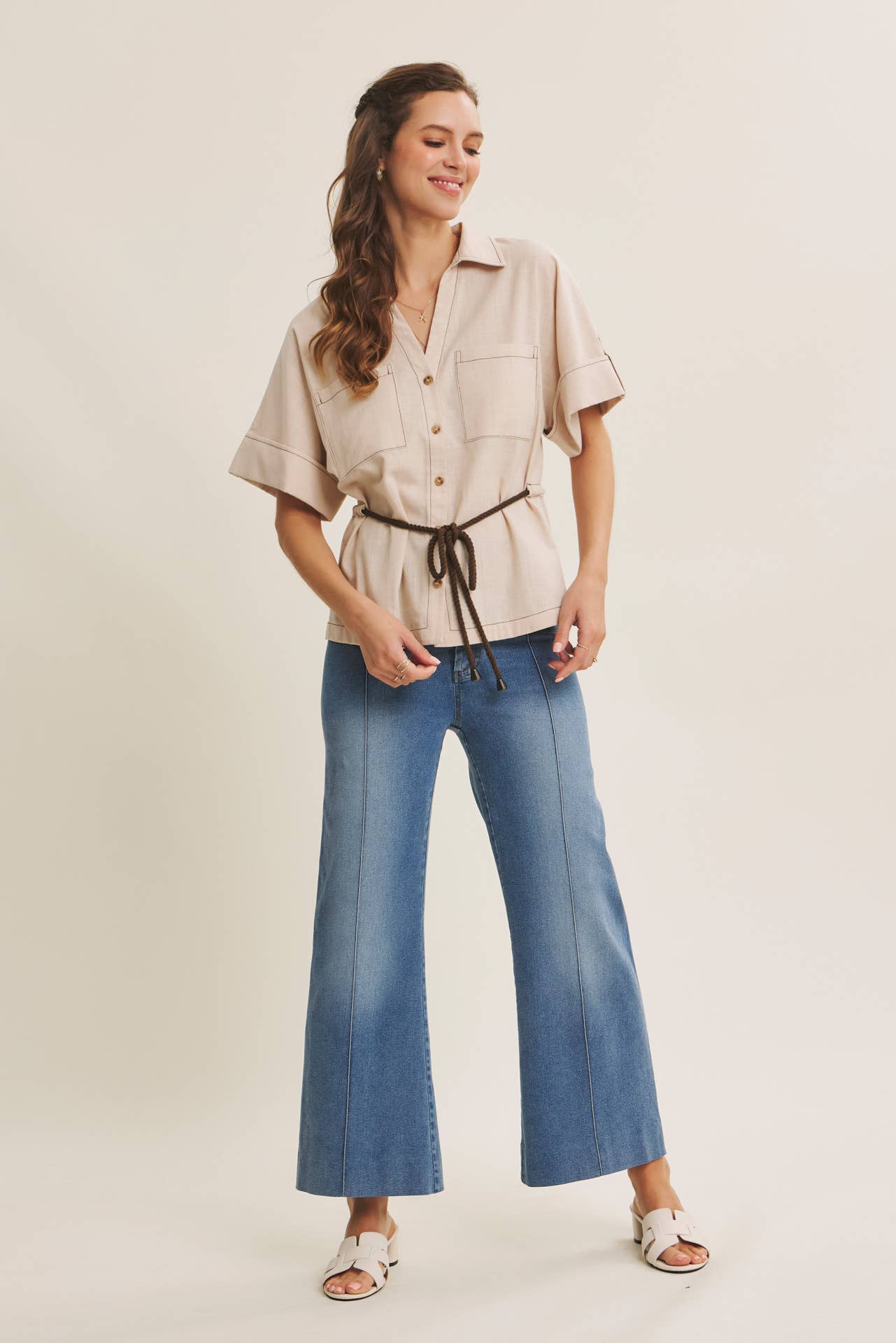 STRETCHY PINTUCK ANKLE LENGTH WIDE-LEG DENIM PANTS
