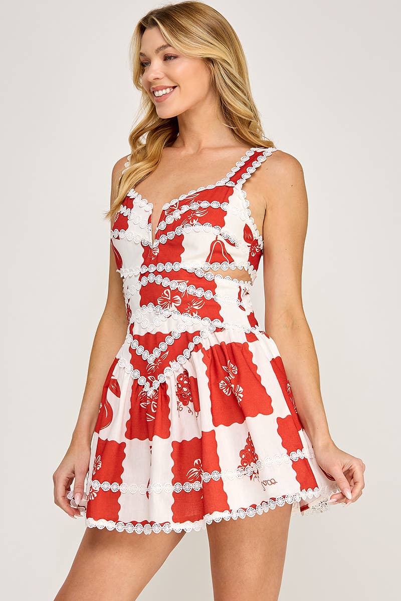 VID51828 - Linen Sleeveless Floral Lace Mini Dress