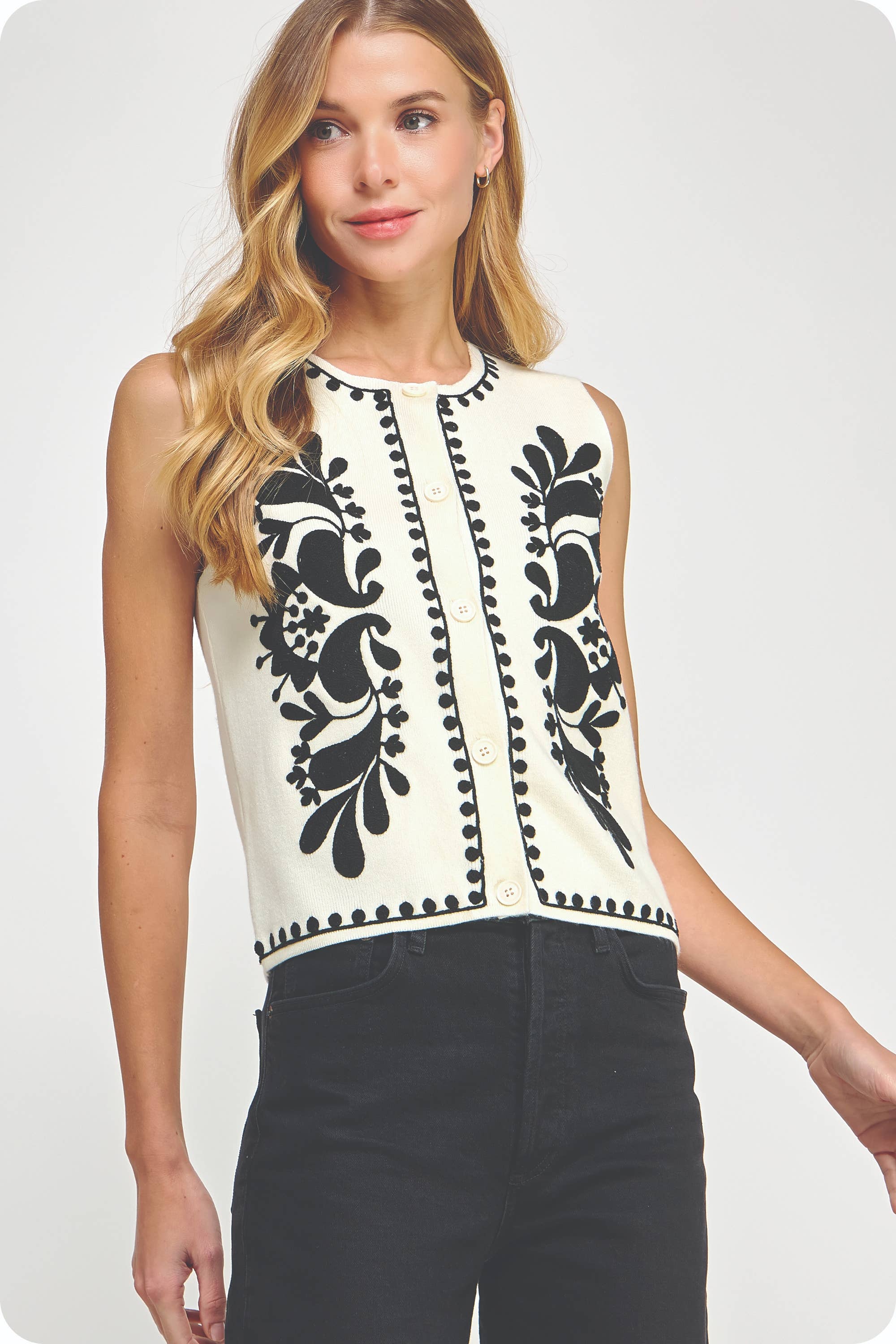 Embroidered Sleeveless Knitted Vest Top