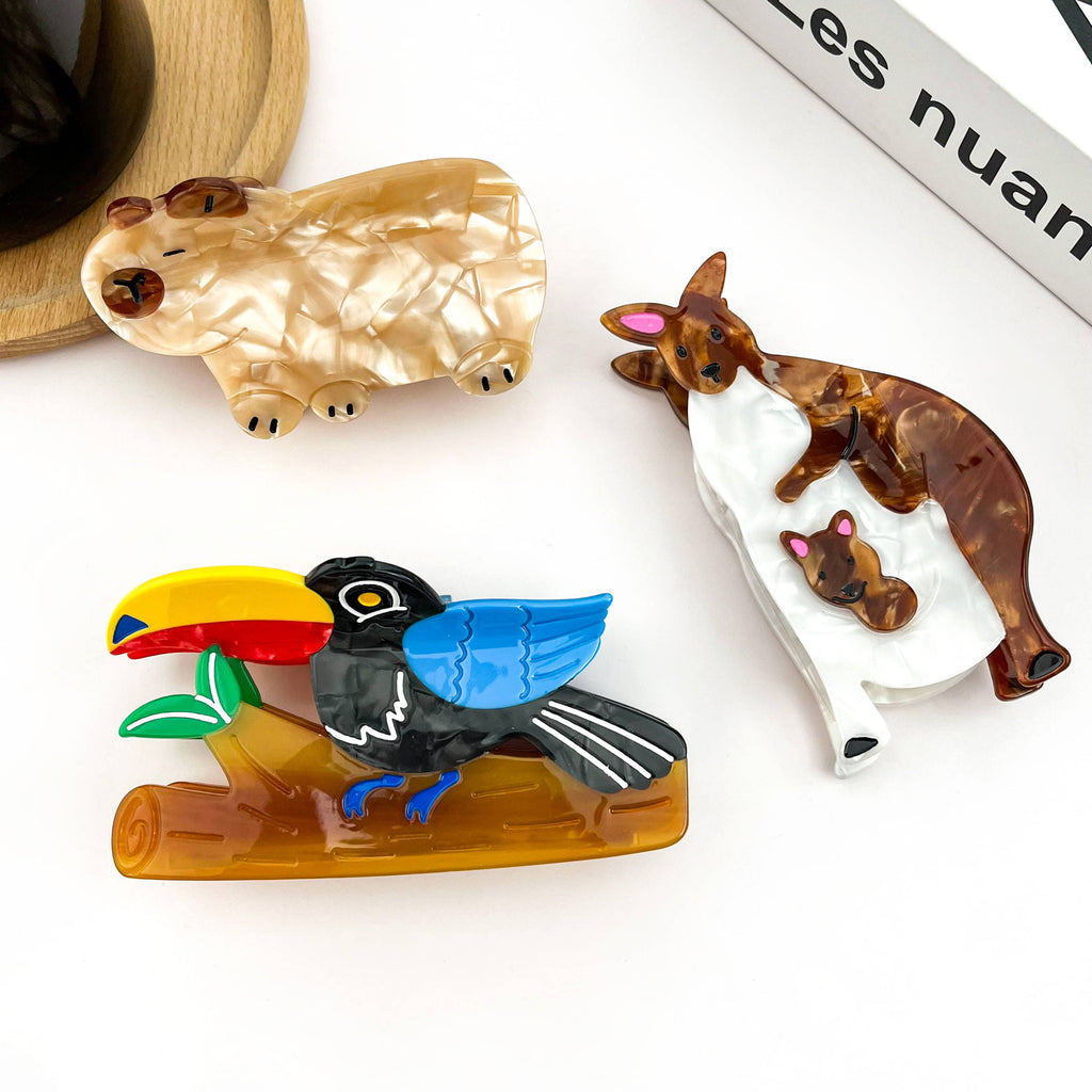 Animal Acetate Hair Claw Clip, Parrot, Capybara, Kangaroo