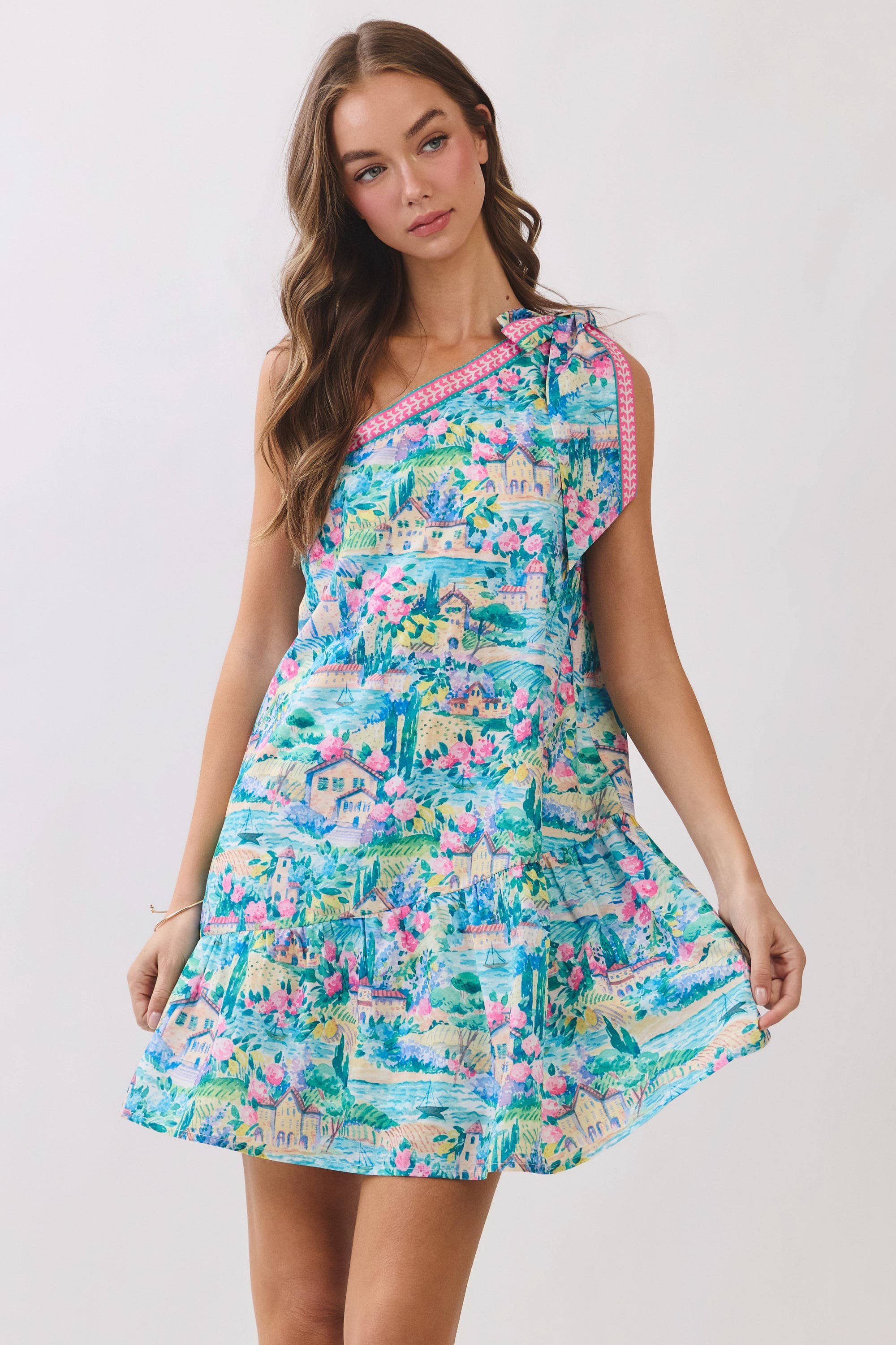 CD07228-Scenic Print One Shoulder Mini Dress