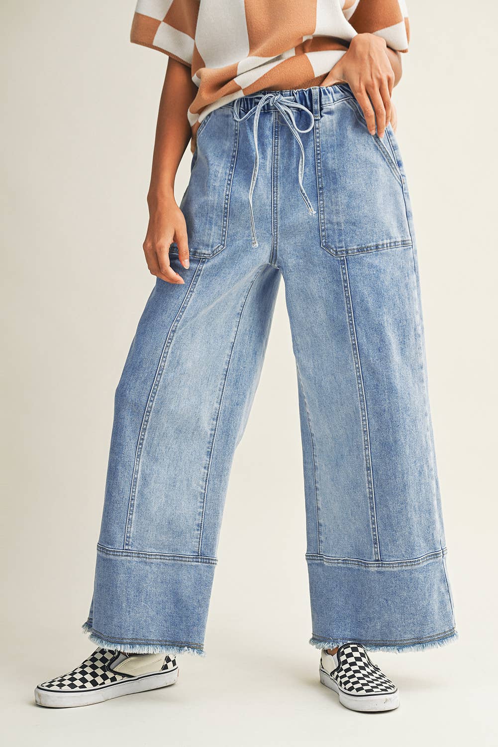 LDC Drawstring Seam Detail Raw Hem Wide Leg Denim Pants