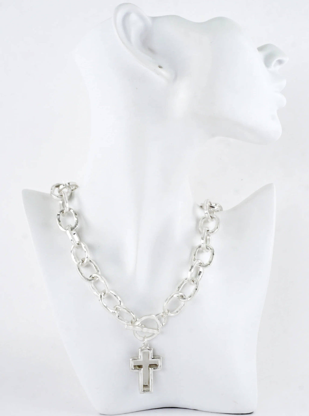 Chunky Hammered Two Cross Toggle Pendant Necklace