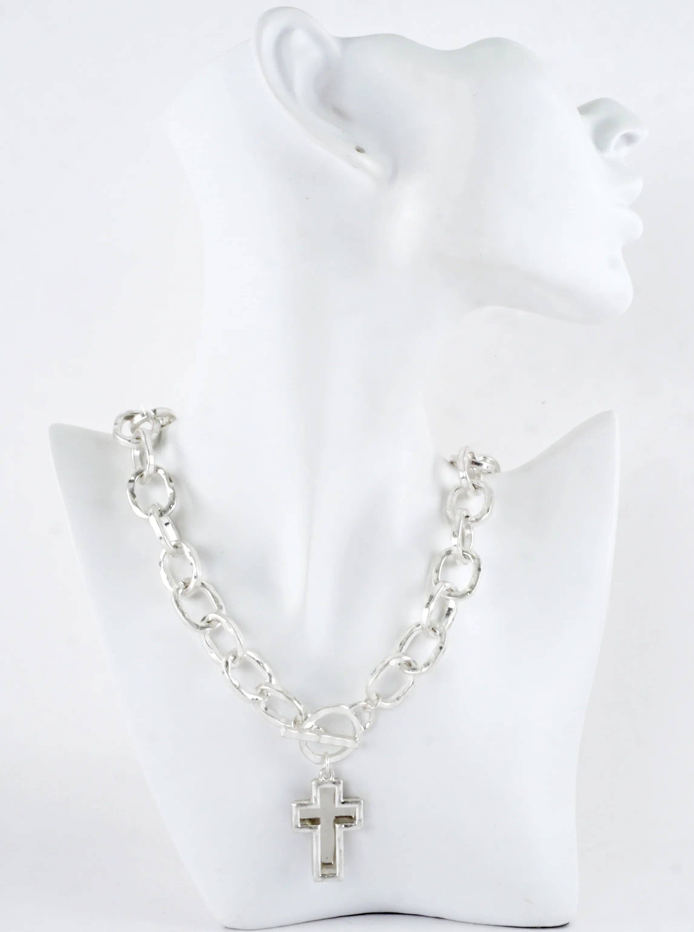 Chunky Hammered Two Cross Toggle Pendant Necklace