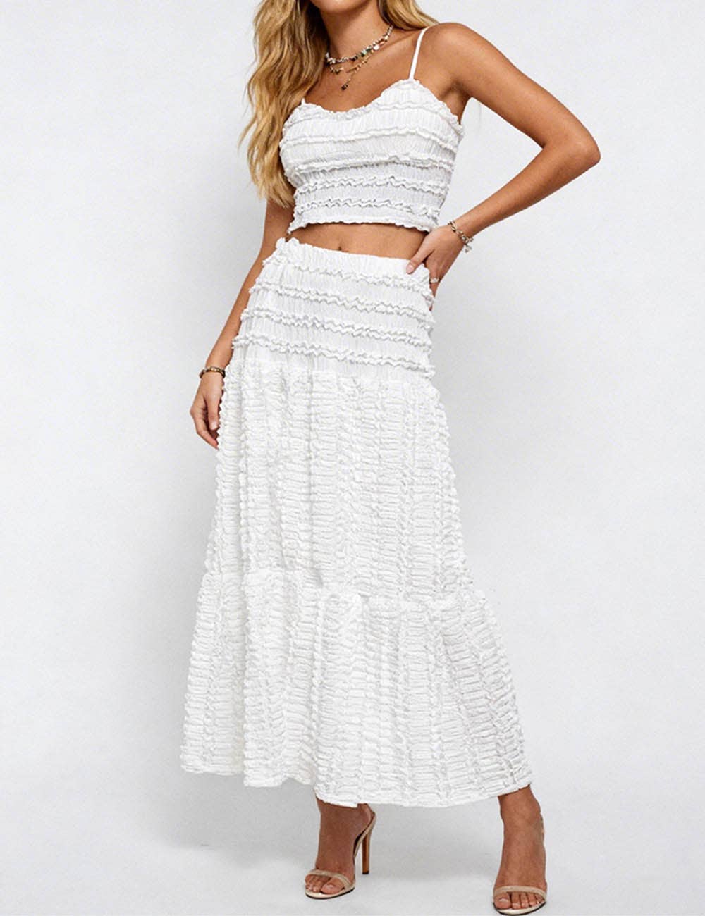 Ladies Romantic Wrinkle Ruffle Cami Top & Tiered Maxi Skirt Set