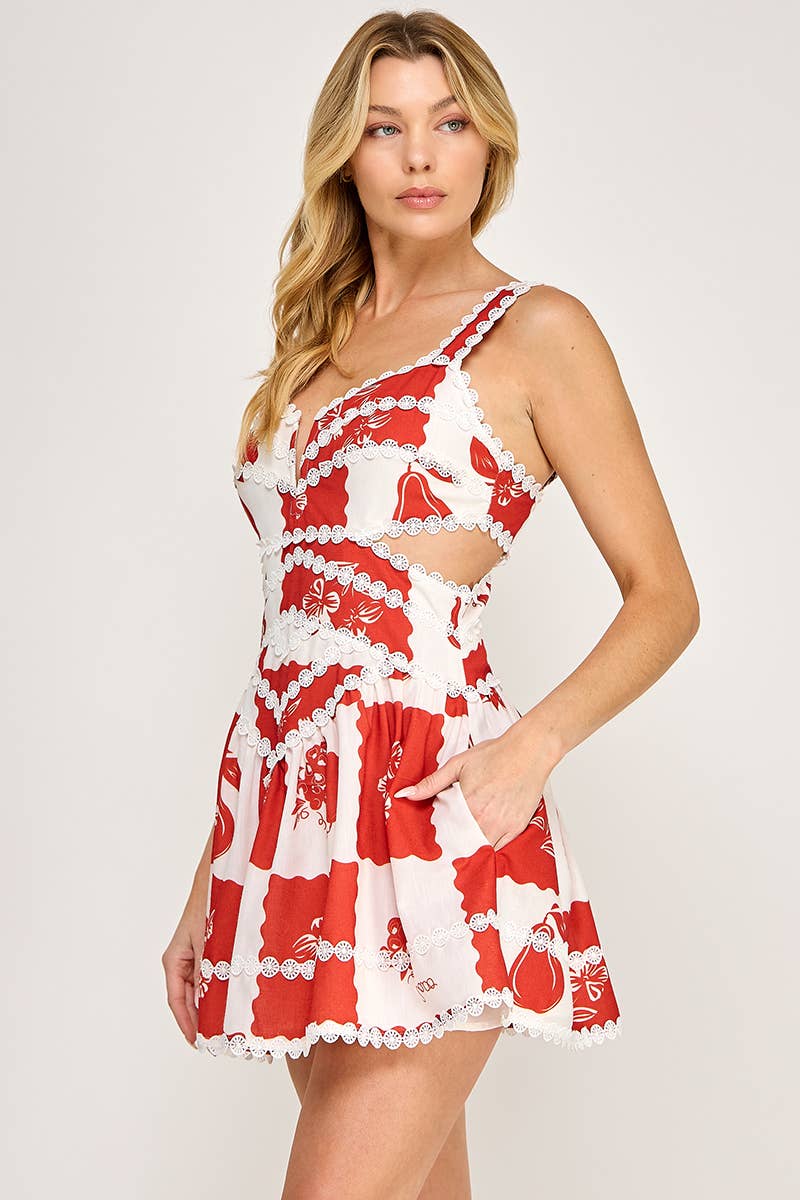 VID51828 - Linen Sleeveless Floral Lace Mini Dress