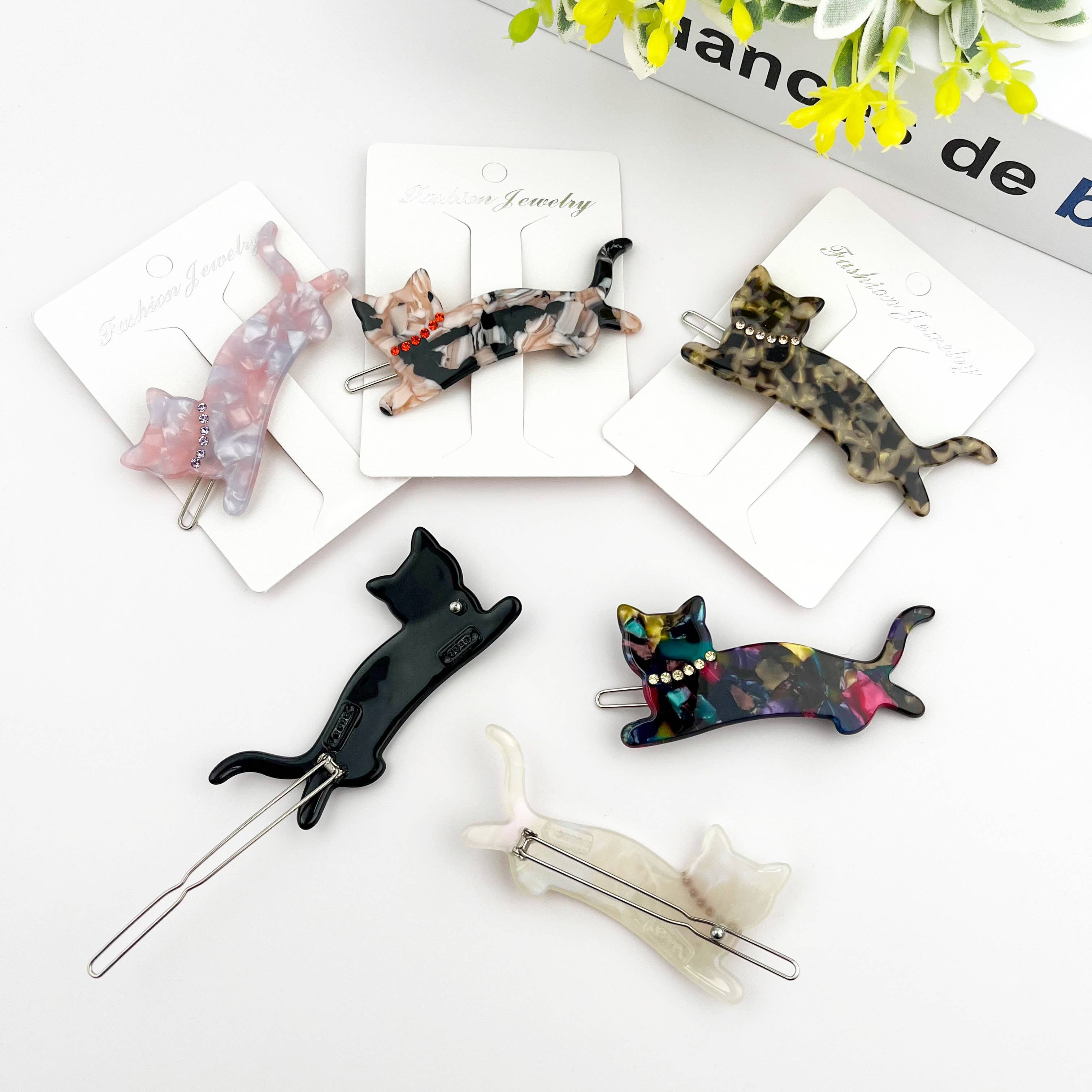 Acetate Crystal Cat Hair Clip, Elegant Rhinestone Side Clip