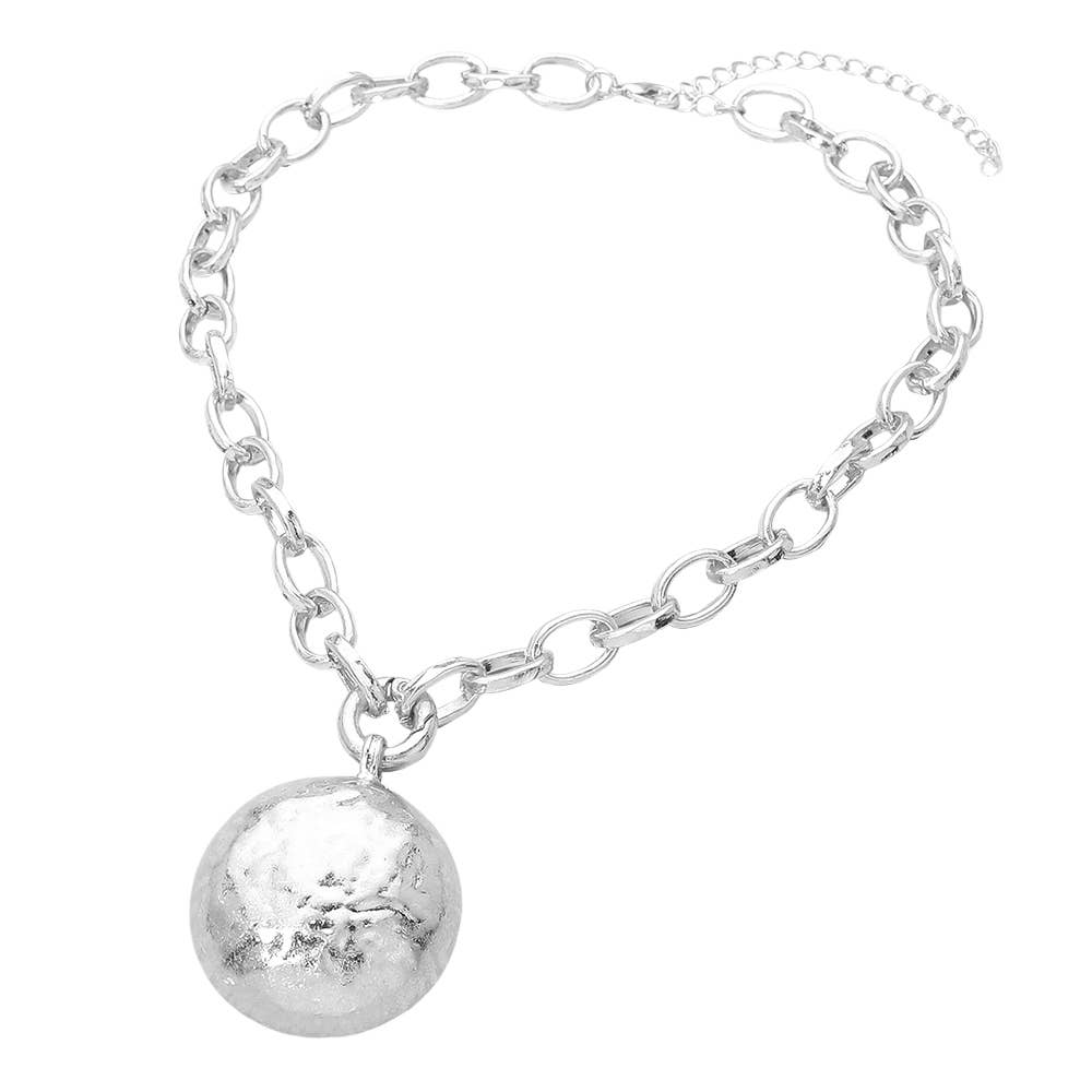 Hammered Metal Dome Disc Pendant Chunky Chain Necklace