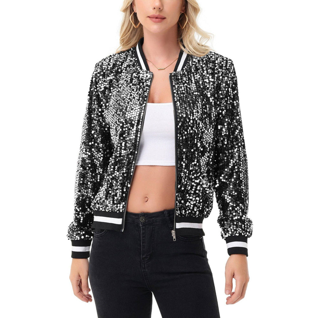 Game Day Sequin Bomber Jacket with Ribbed Trim and Front Zip
