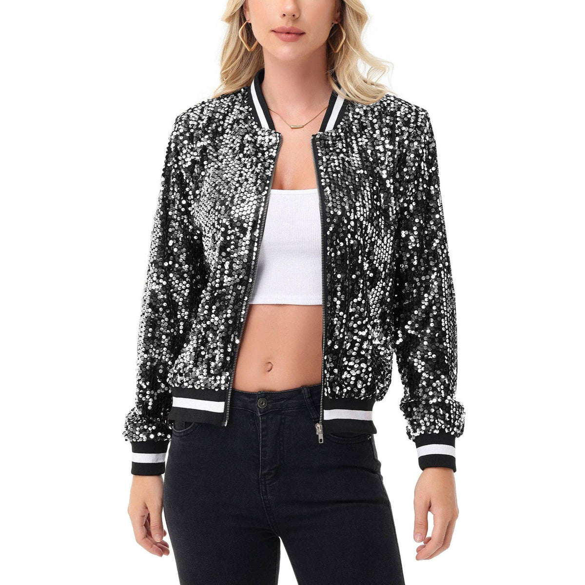 Game Day Sequin Bomber Jacket with Ribbed Trim and Front Zip