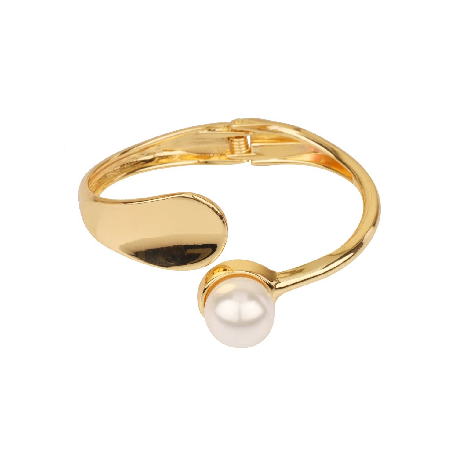 Gold Hinged Bracelet with Pearl Accents at the End