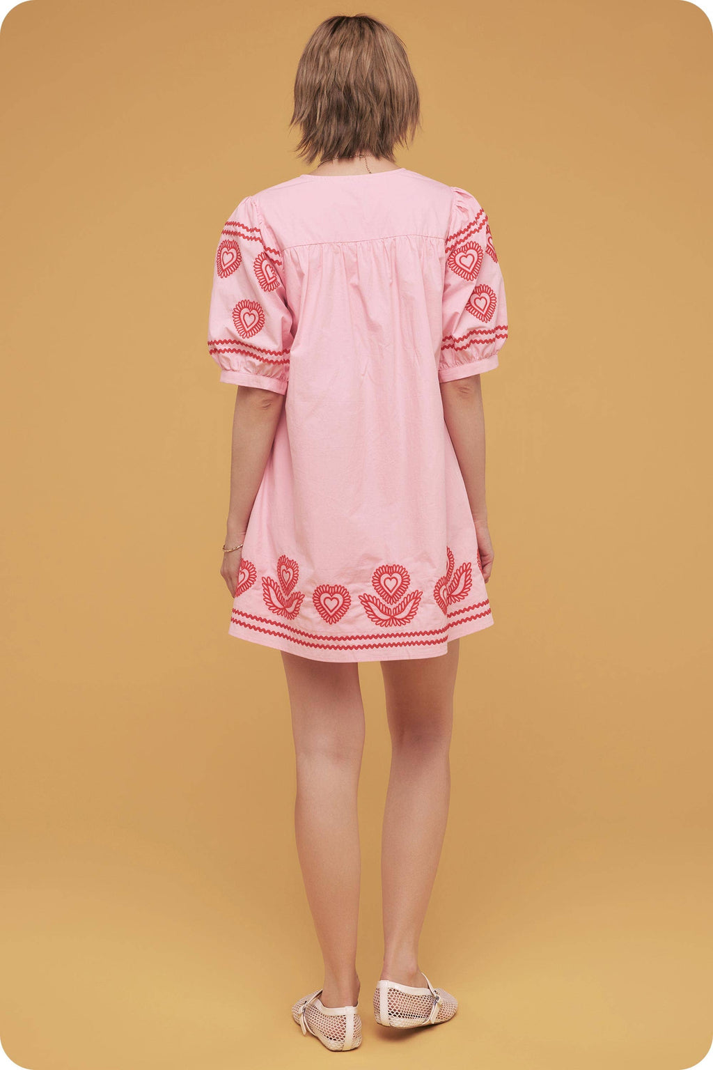 Heart Embroidery Puff Sleeve Mini Dress