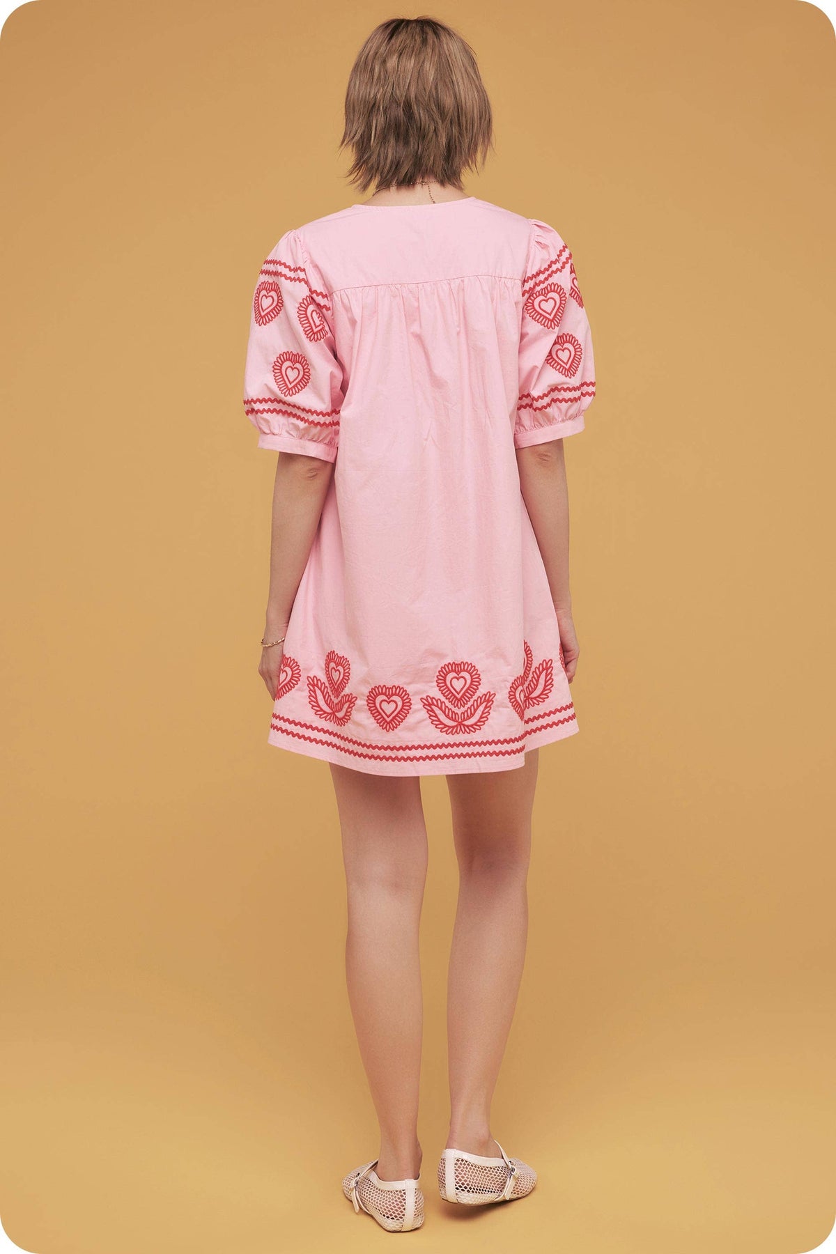 Heart Embroidery Puff Sleeve Mini Dress