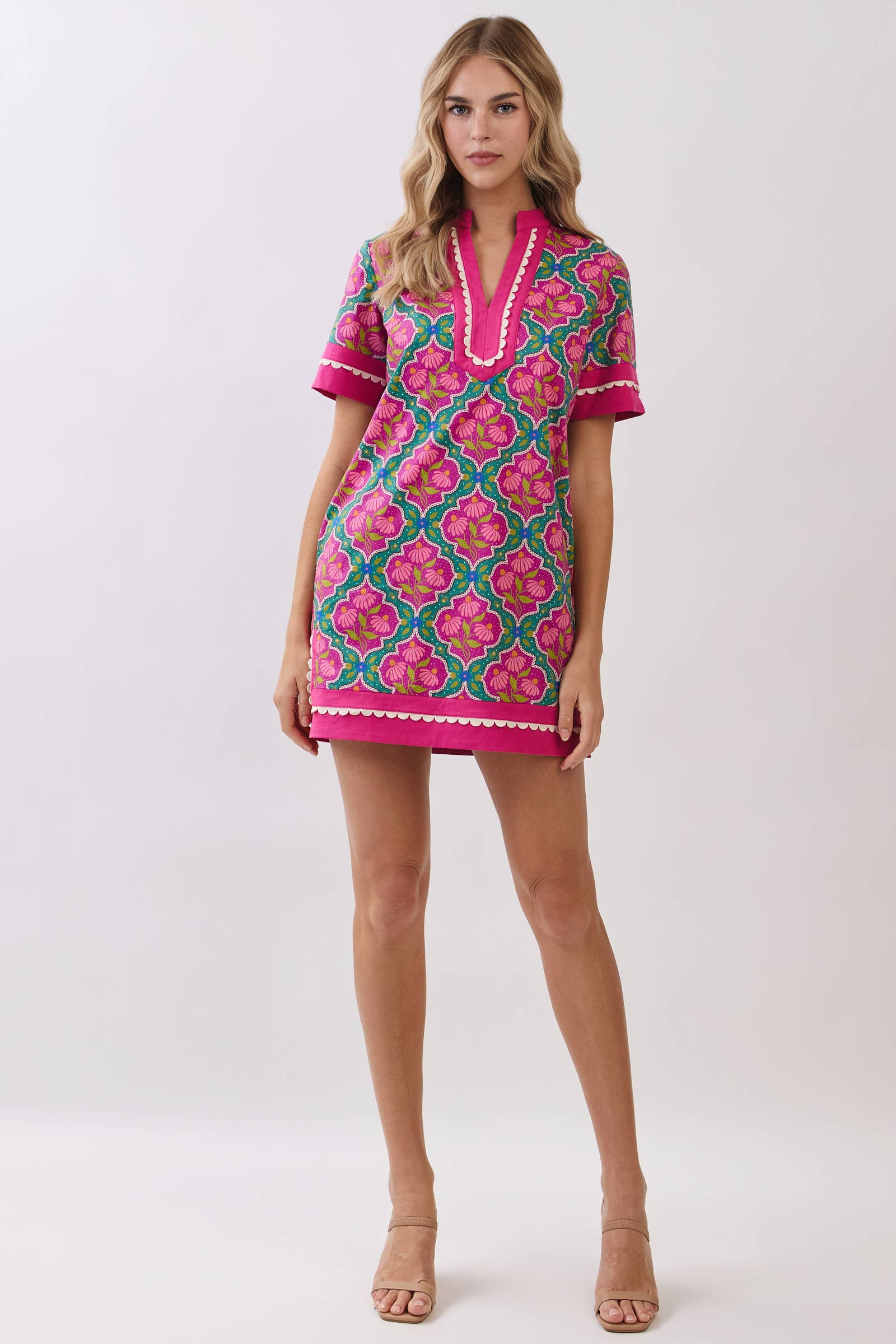 CD06671-Colorful Floral Print Contrast Borders Shift Dress