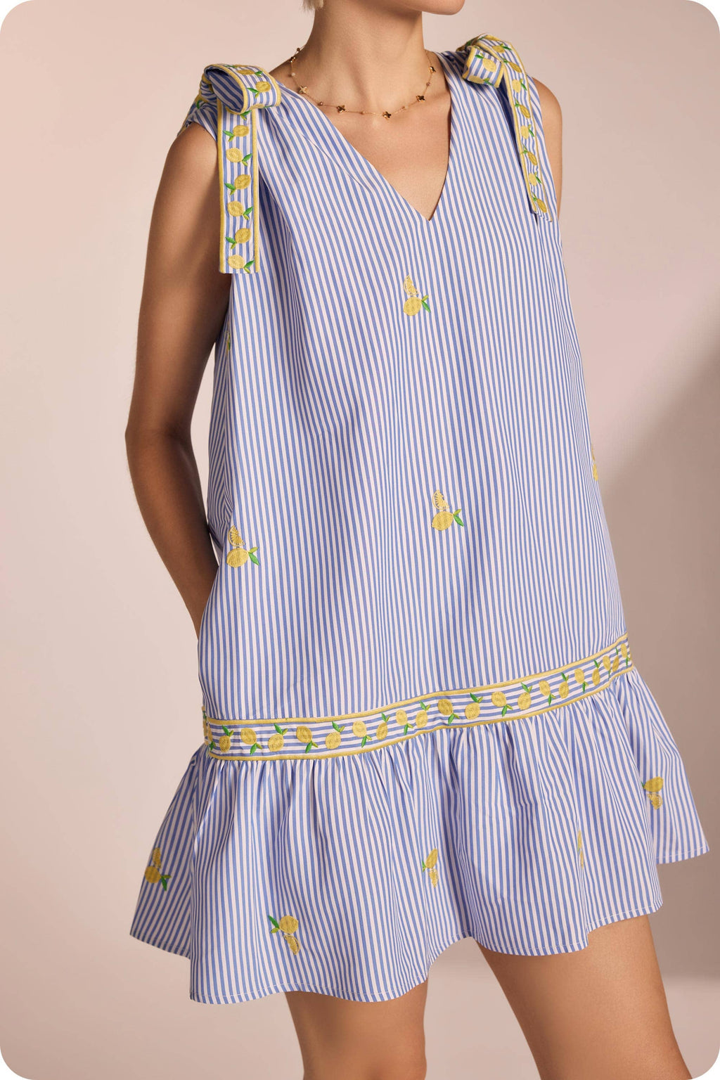 Lemon Embroidery Bow Strap Detail Stripe Mini Dress