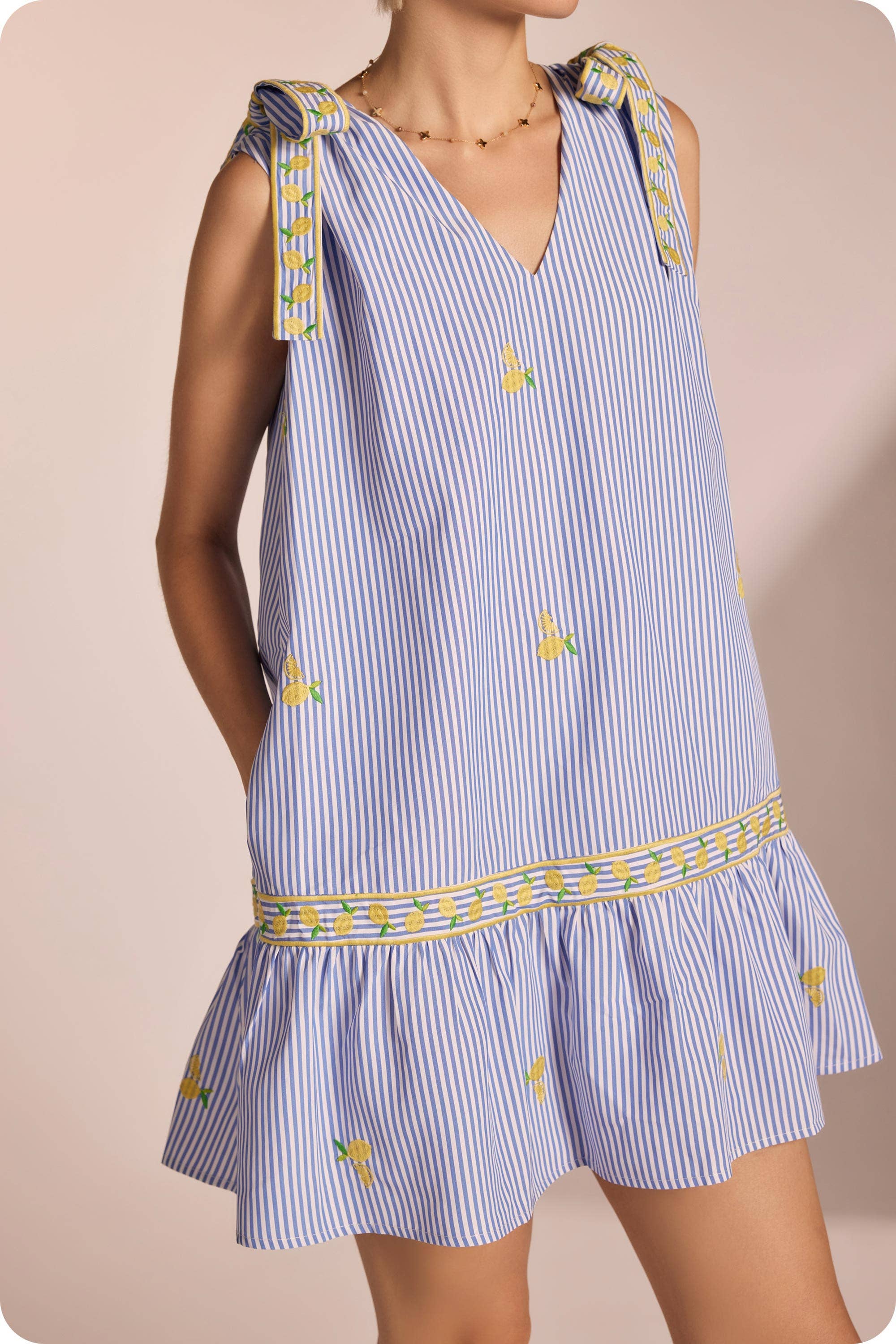 Lemon Embroidery Bow Strap Detail Stripe Mini Dress