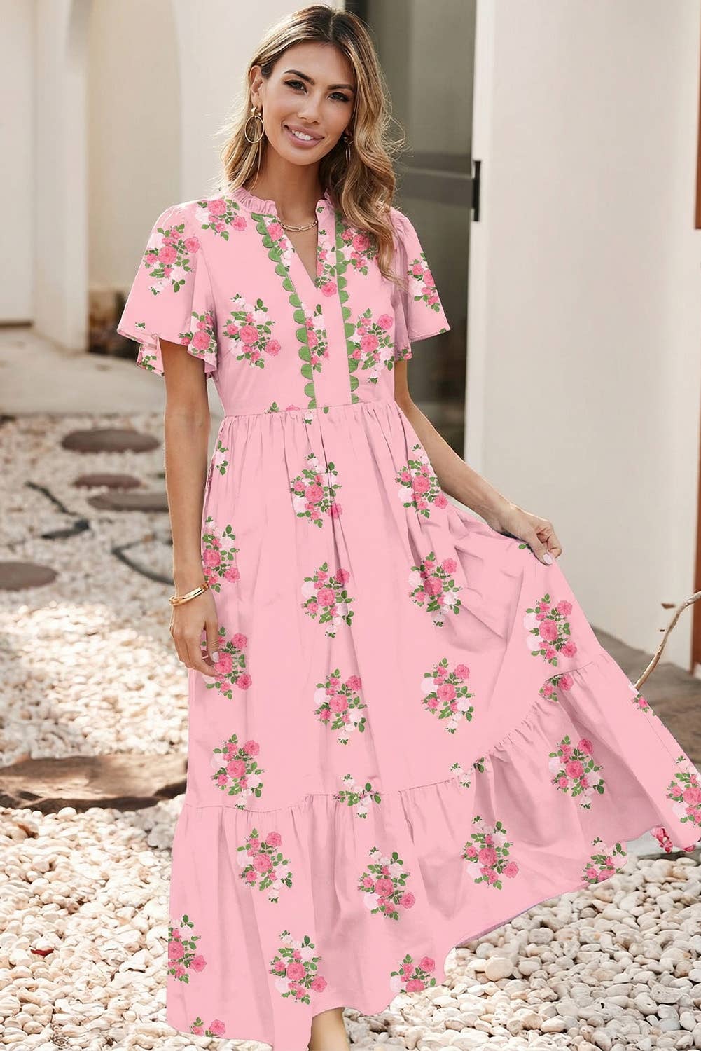 Spring 2026 Floral Ricrac Trim Notched Neck Maxi Dress|S-4X