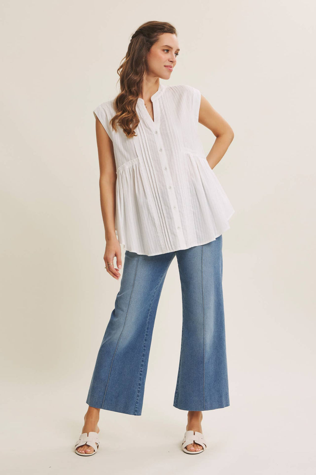 STRETCHY PINTUCK ANKLE LENGTH WIDE-LEG DENIM PANTS
