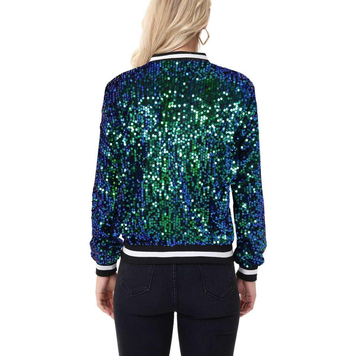 Game Day Sequin Bomber Jacket with Ribbed Trim and Front Zip