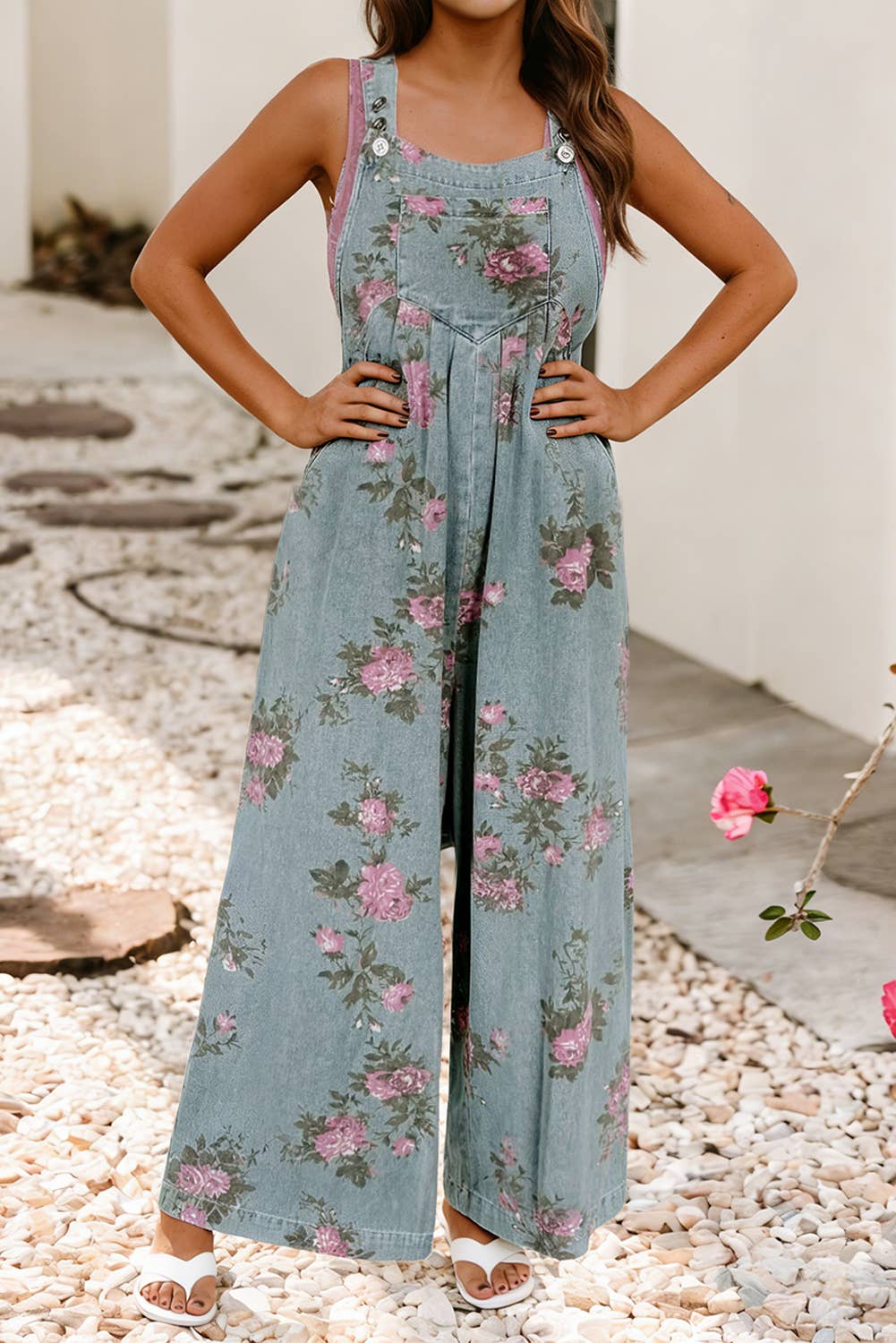 Western Floral Pleated High Waist Wide Leg Denim Jumpsuit