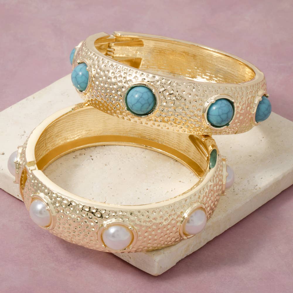 Hammered Turquoise Stone Hinged Bangle Bracelet