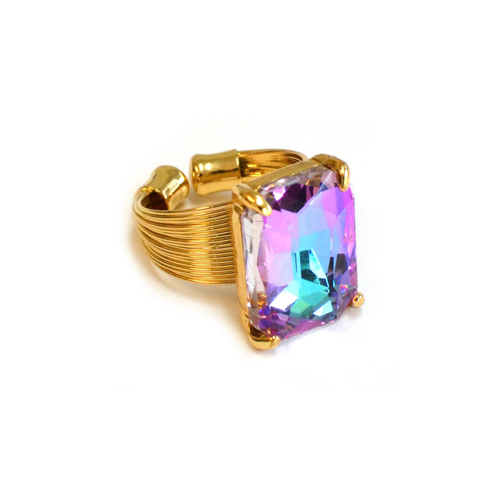 Square Glass Cushion Cut Cocktail Adjustable Wire Ring