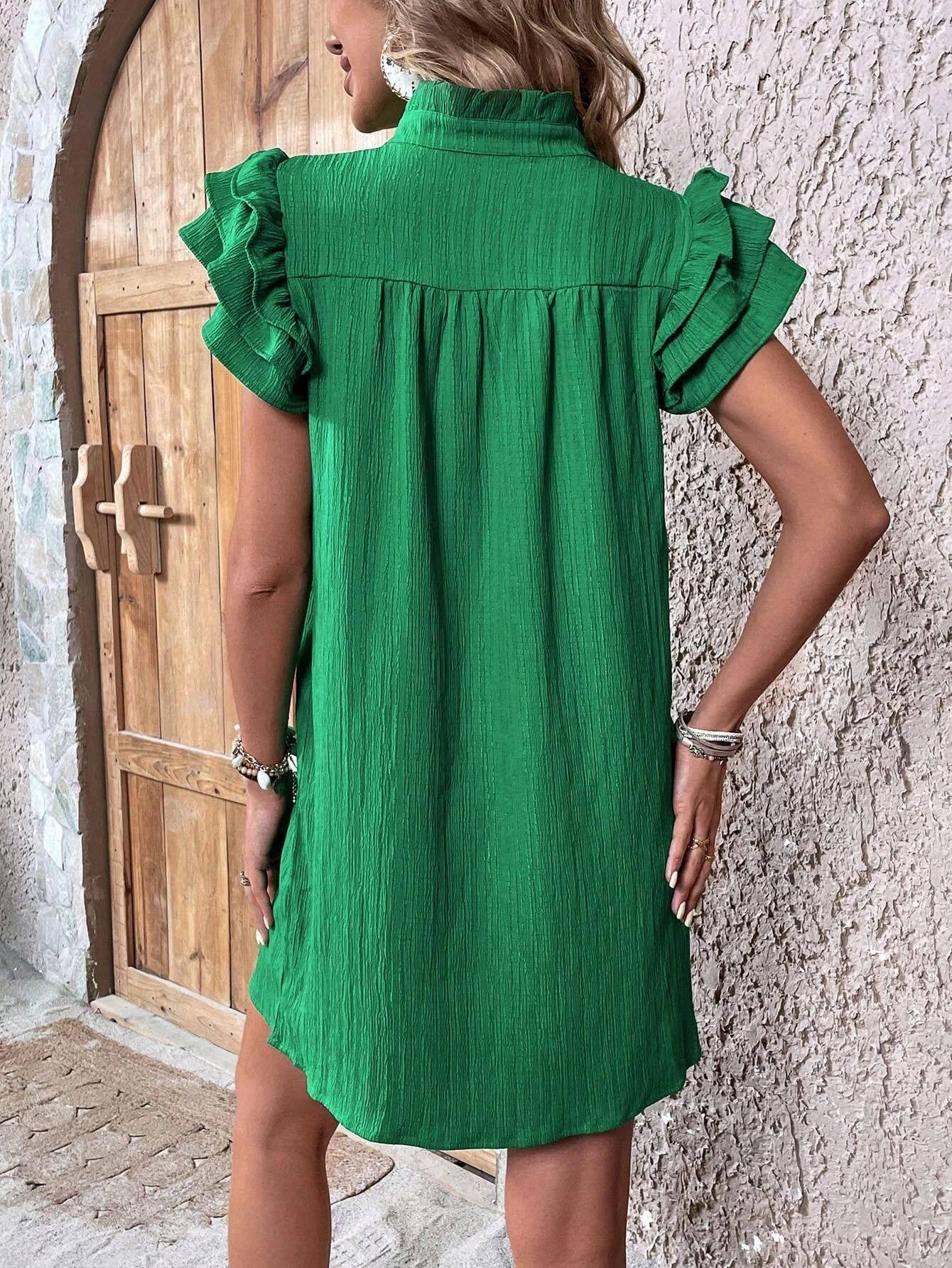 Multi-layer lotus sleeve V-neck long pullover dress