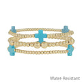 Water Resistant Gold Beaded and Turquoise Colored Cross Set of 3 Stretch Bracelets