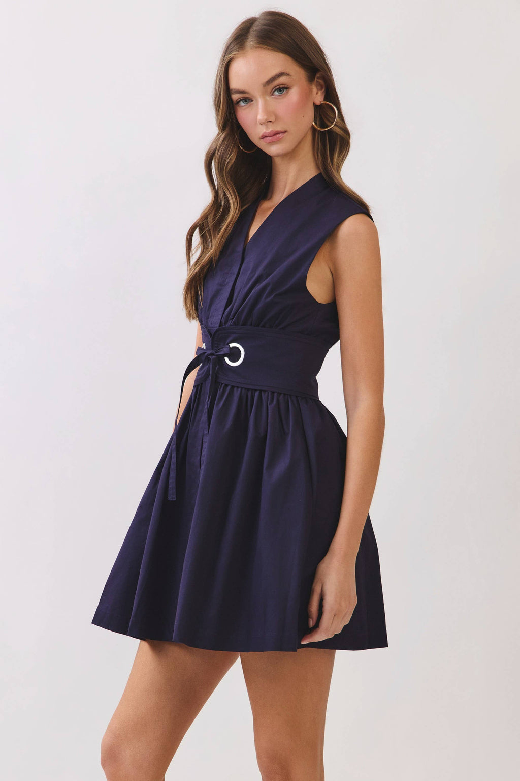 CD07317-Sleeveless Fit & Flare Waist Belt Mini Dress