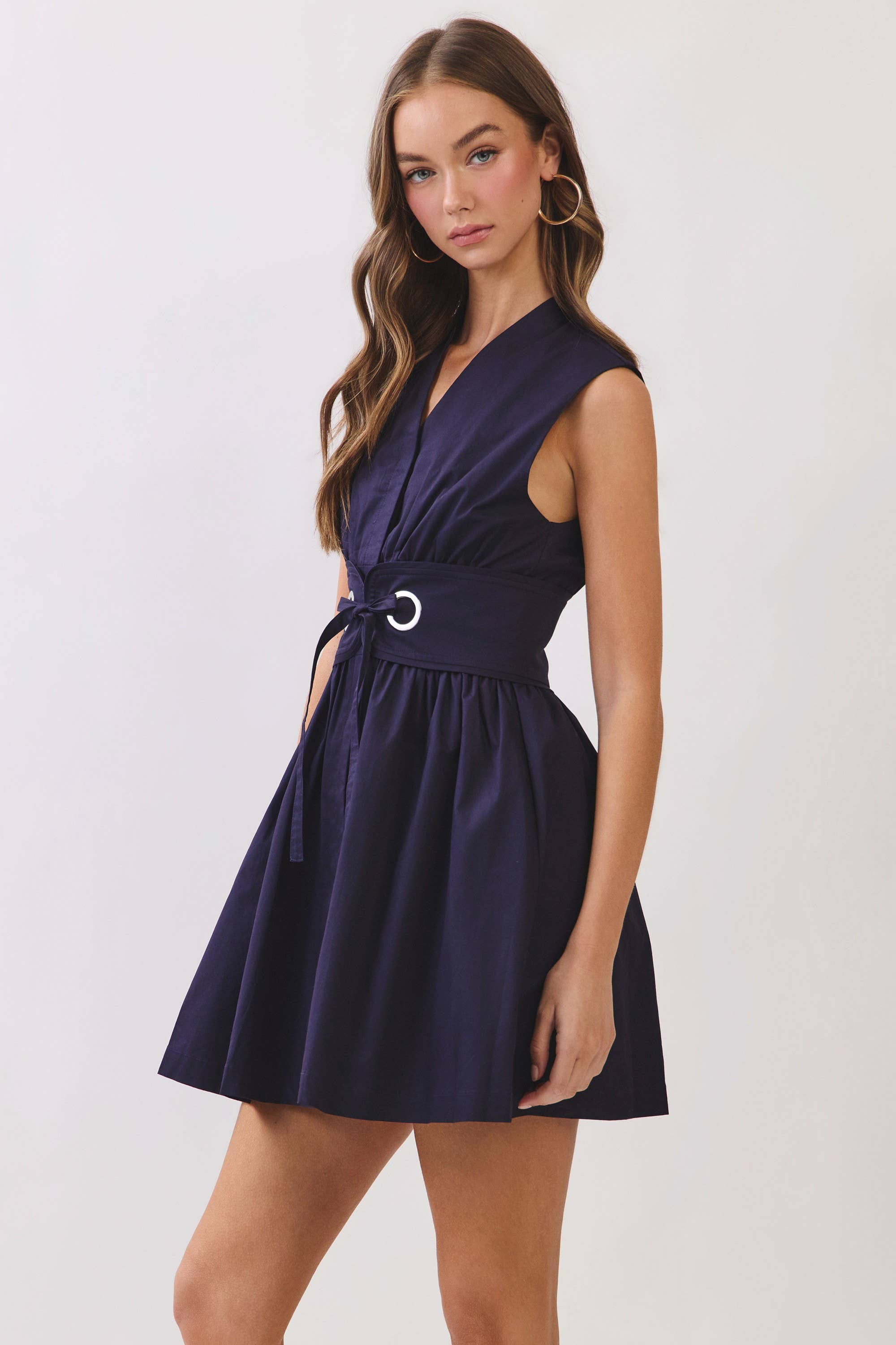 CD07317-Sleeveless Fit & Flare Waist Belt Mini Dress