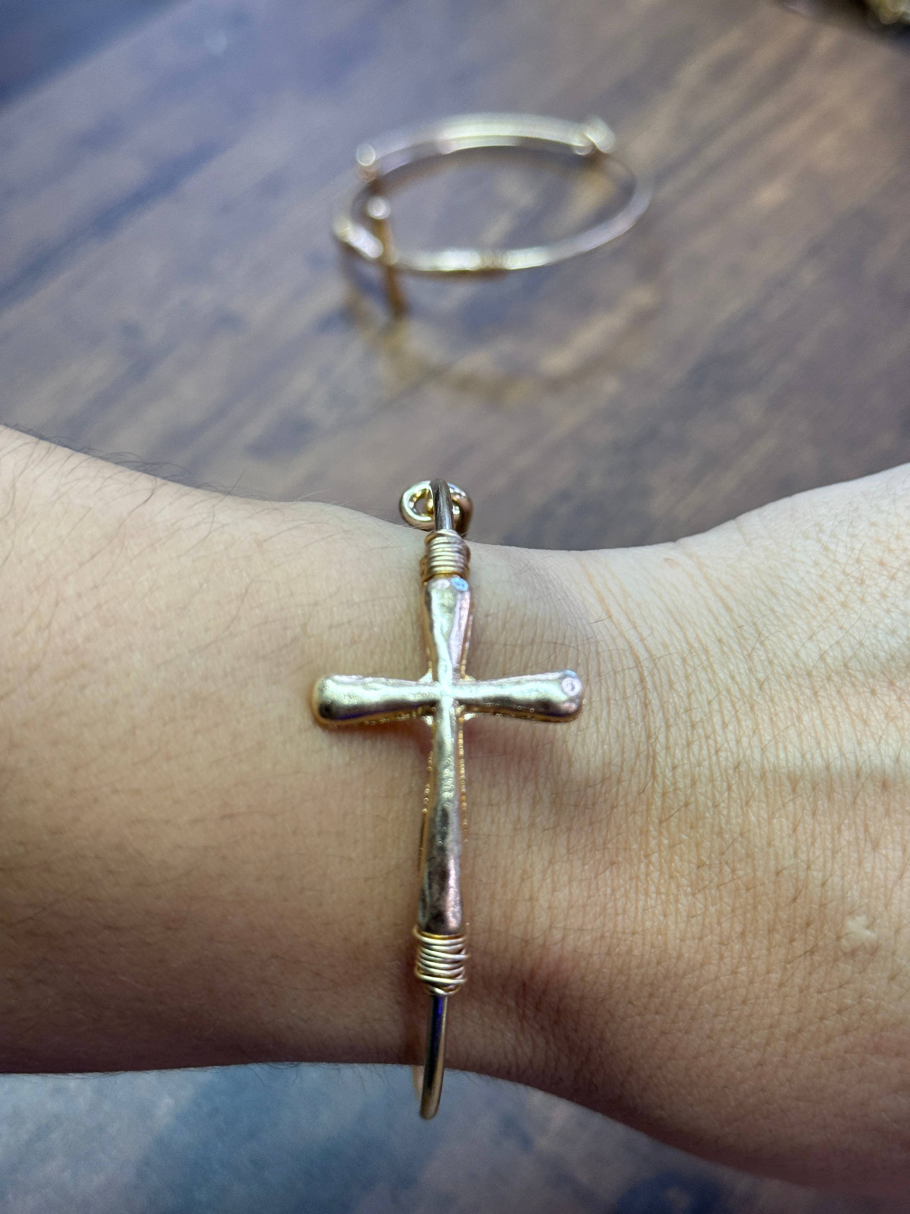 Gold Wire Wrapped Cross Bangle Bracelet