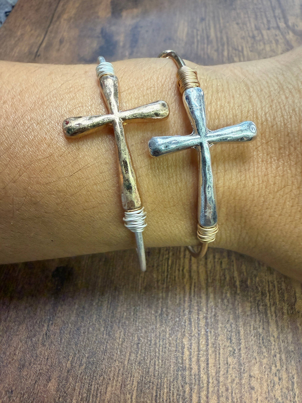 Two-tone Wire Wrapped Cross Bangle Bracelet