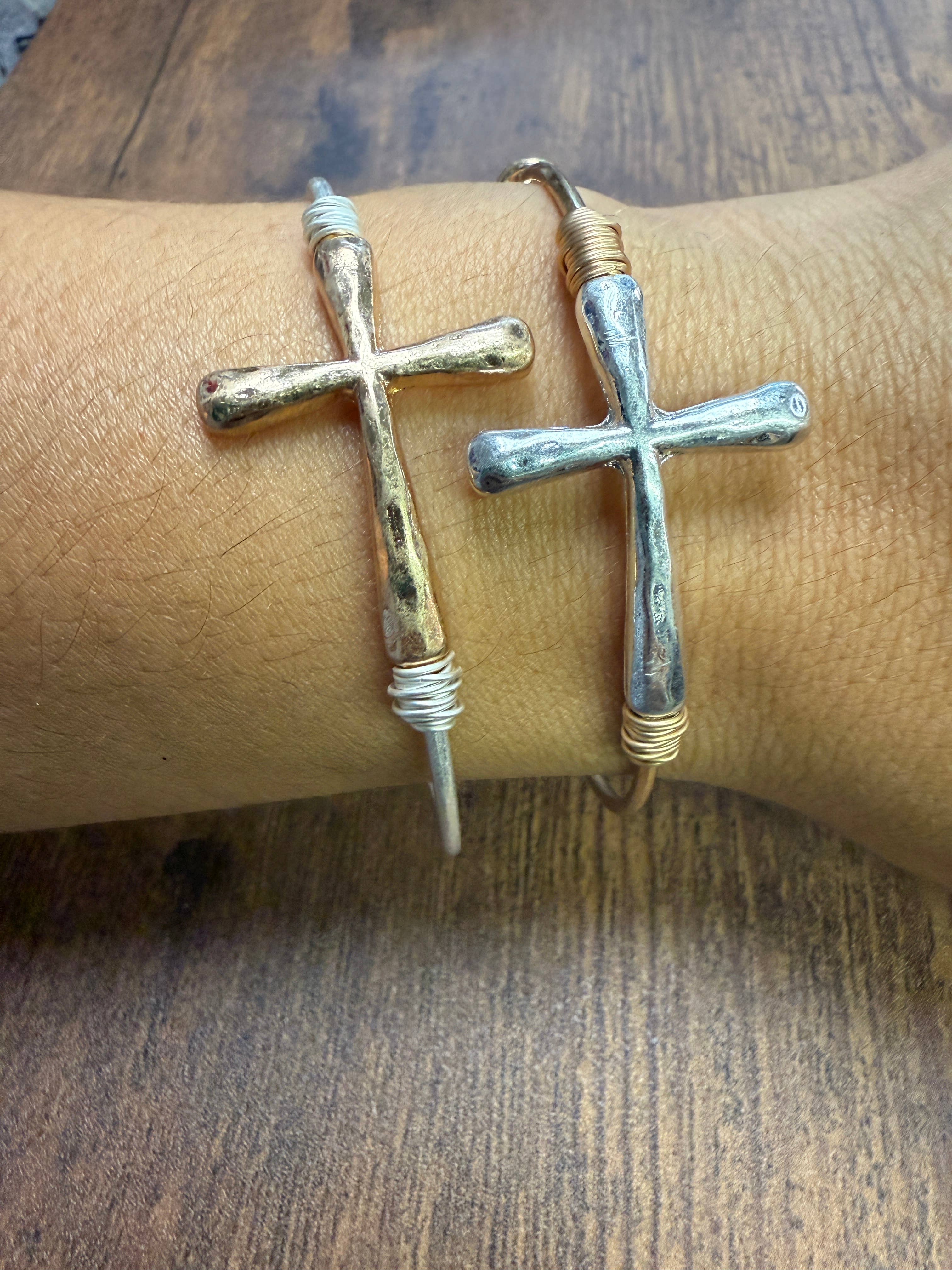 Two-tone Wire Wrapped Cross Bangle Bracelet