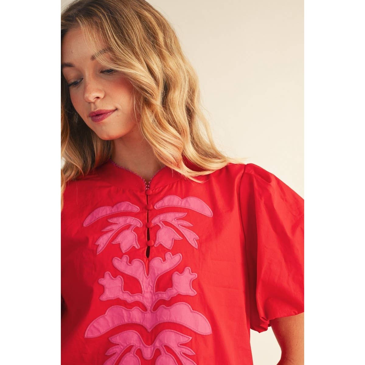 Applique Accent Puff Sleeves Midi Dress