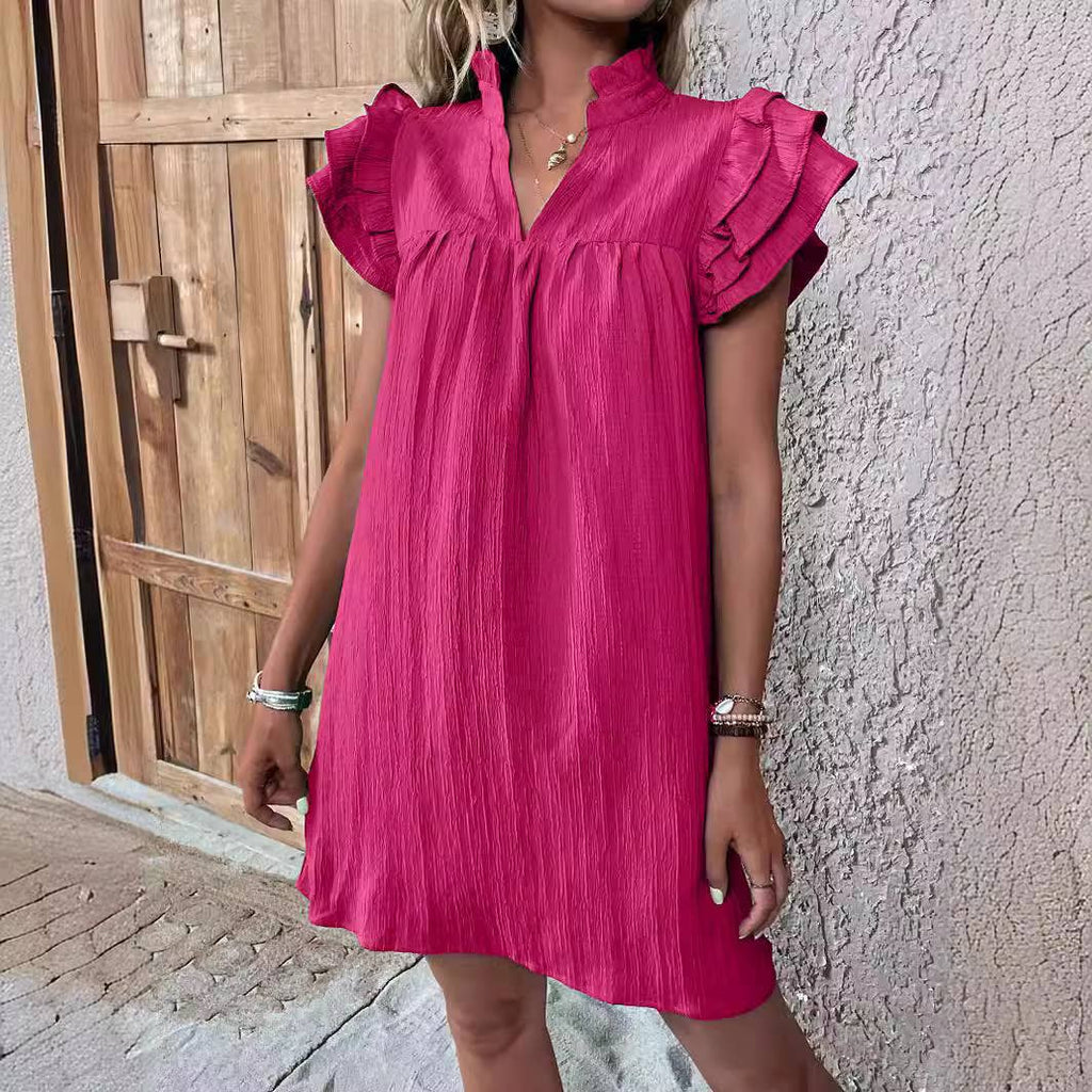 Multi-layer lotus sleeve V-neck long pullover dress